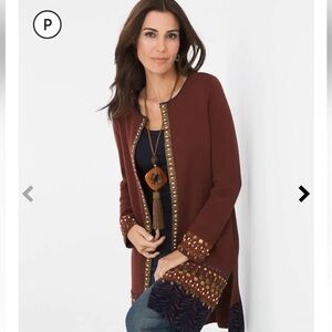 CHICO’S NWOT embellished trim mahogany long duster/cardigan/jacket size S